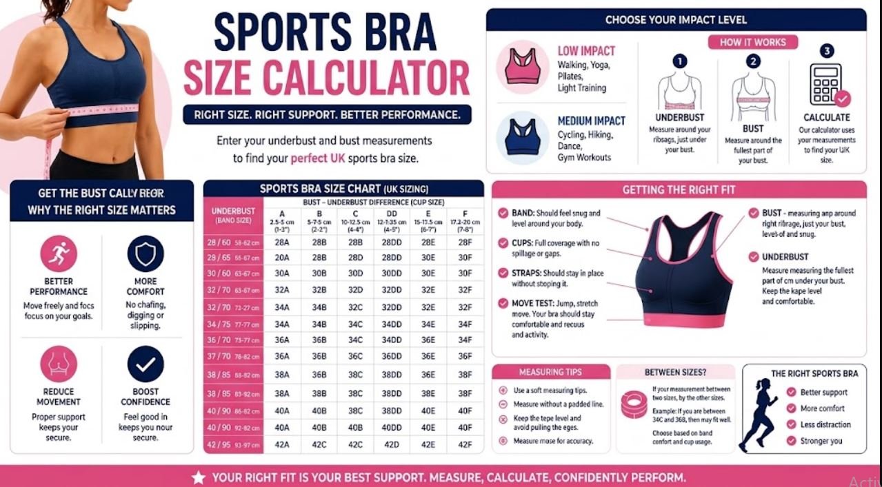Sports bra size calculator with UK sports bra size chart and measuring guide